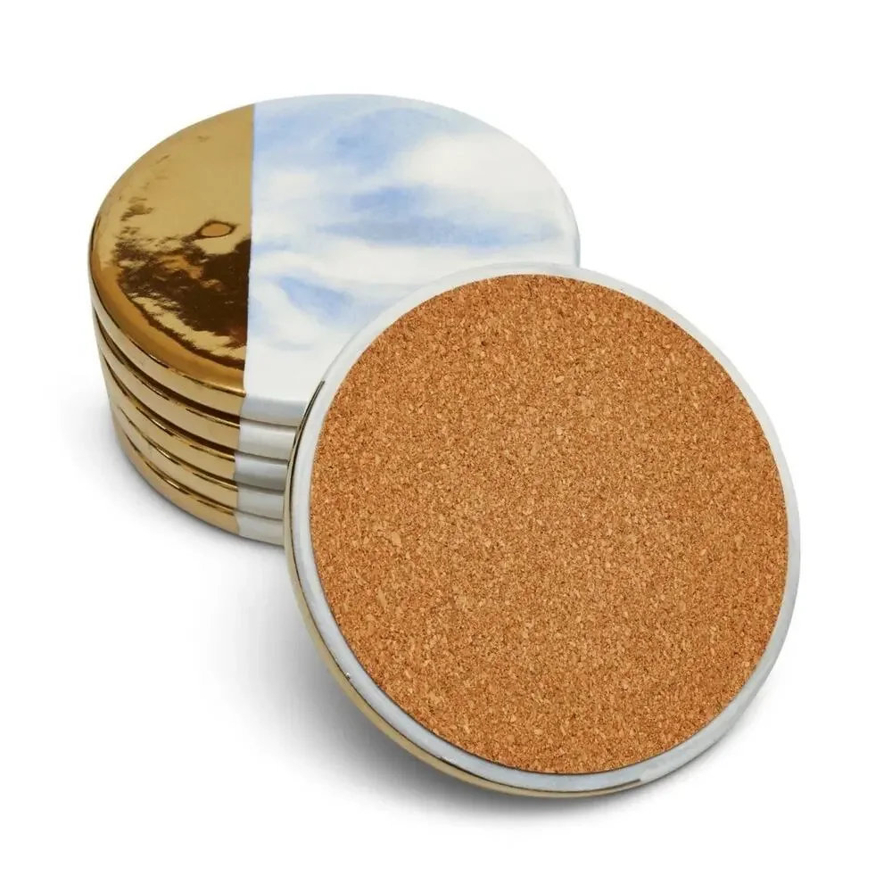 NWT Unbranded Marble Drink Coasters Set of 6 Blue Gold Modern Glam Home Decor